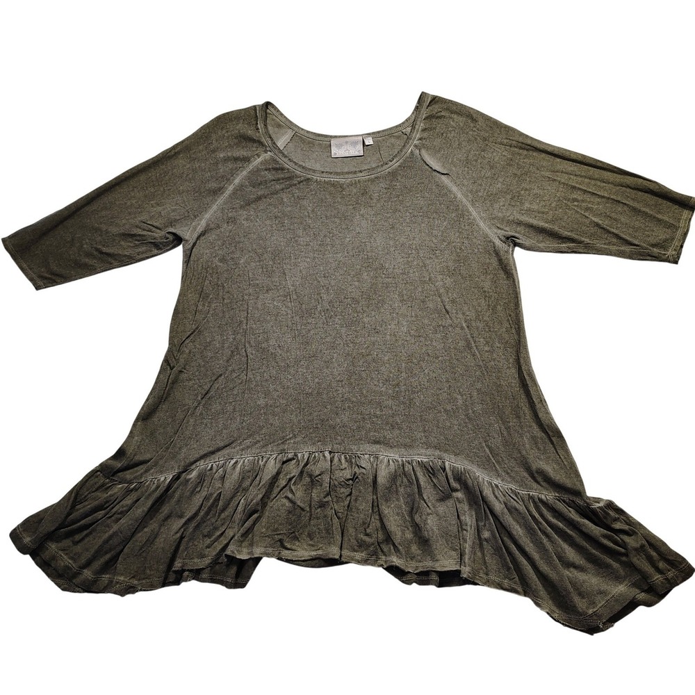 Dantelle Womens Olive Green Mineral Wash Ruffle Peplum Tunic Top L 3/4 Sleeve